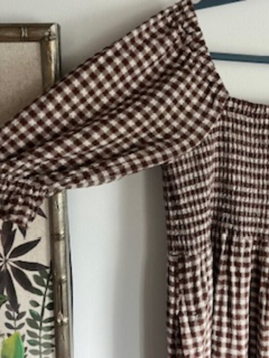 Madewell Lucie Elbow-Sleeve Smocked Gingham Midi Dress Two Pockets Women's M - Picture 5 of 15